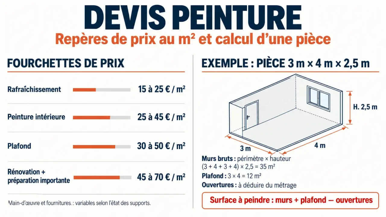 Devis en peinture : fourchettes de prix au m² et calcul des surfaces de murs et plafonds