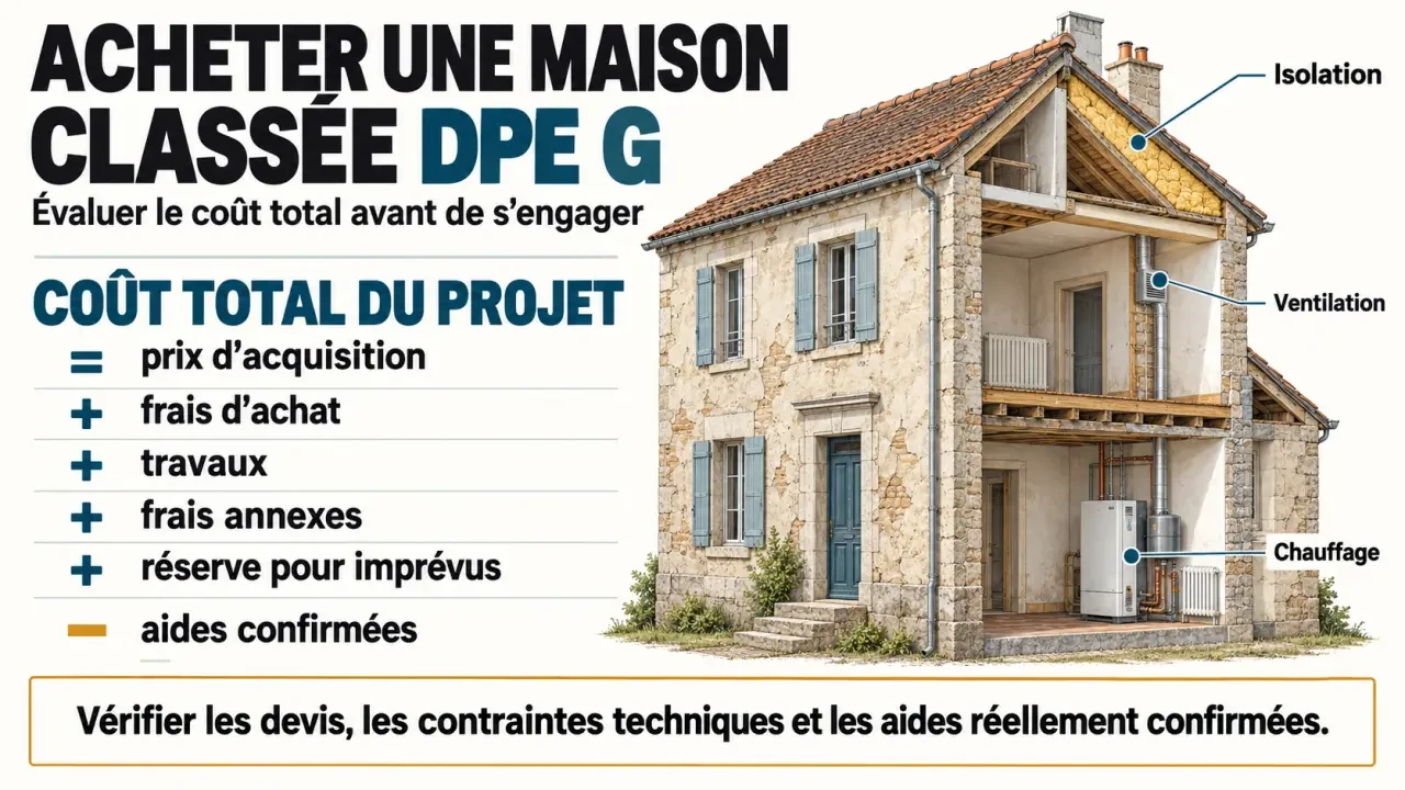 Infographie pour acheter une maison DPE G et calculer le coût total de l'opération