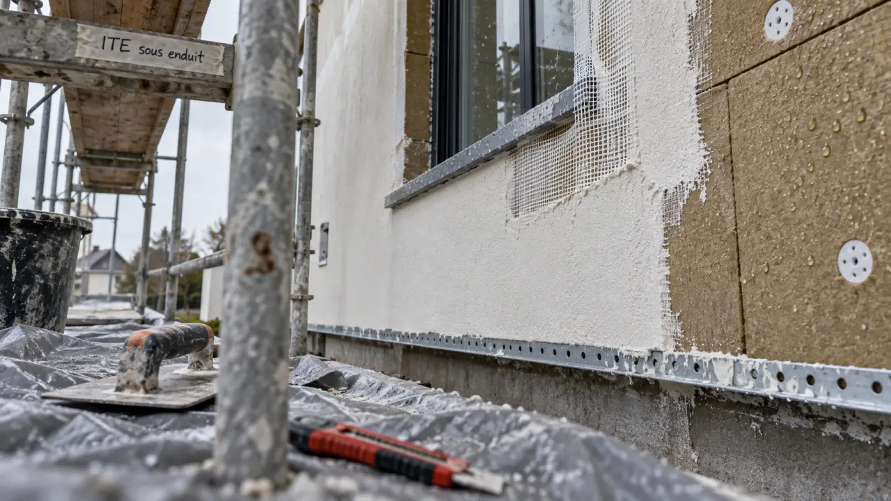 Isolation extérieur soi-même : pont thermique sur façade sous enduit, panneaux isolants et treillis près d’une fenêtre
