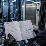 Maintenance ascenseur : technicien vérifie un contrôle et la sécurité du contrat