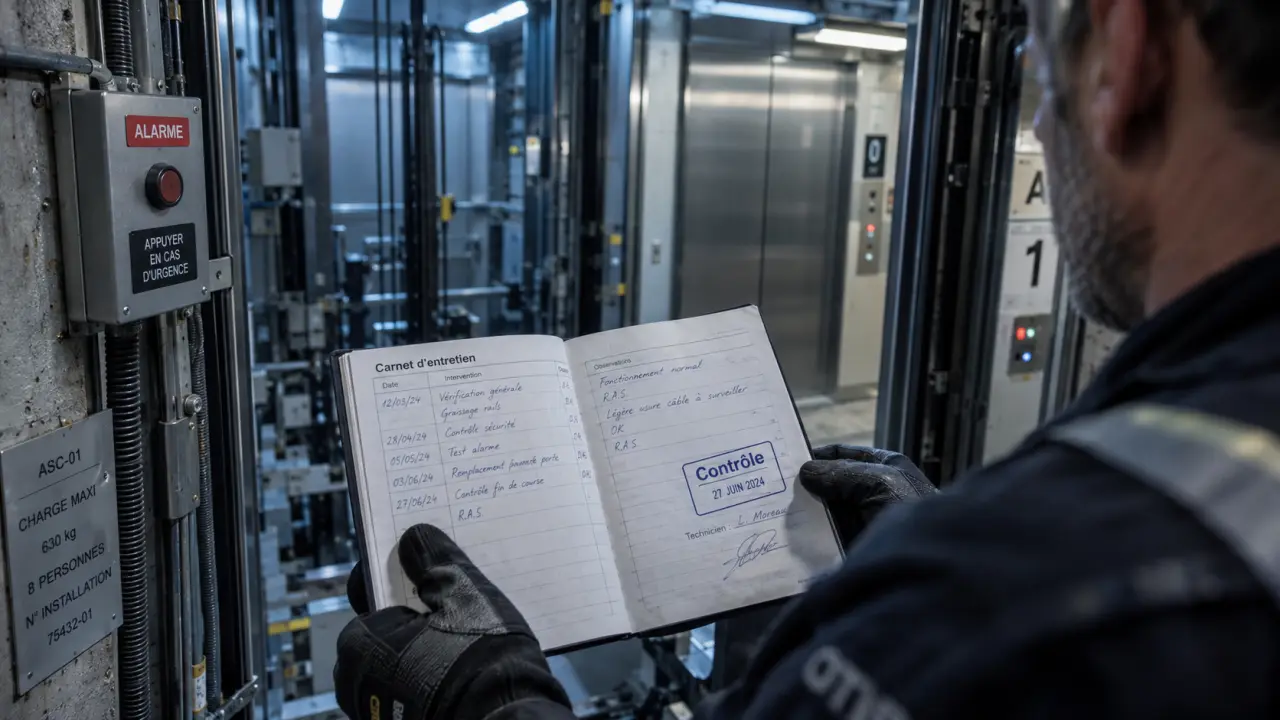 Maintenance ascenseur : technicien vérifie un contrôle et la sécurité du contrat