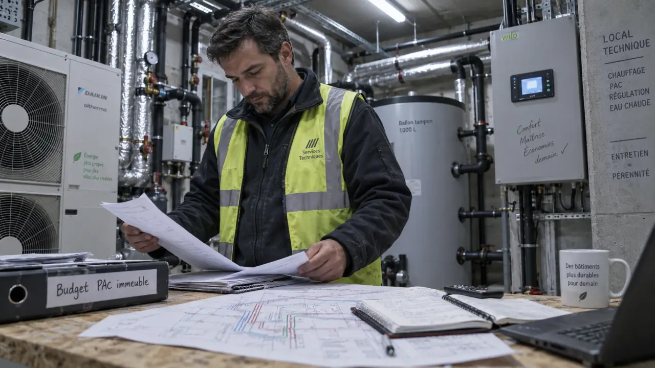 Prix pompe à chaleur immeuble collectif : technicien vérifie un devis en chaufferie